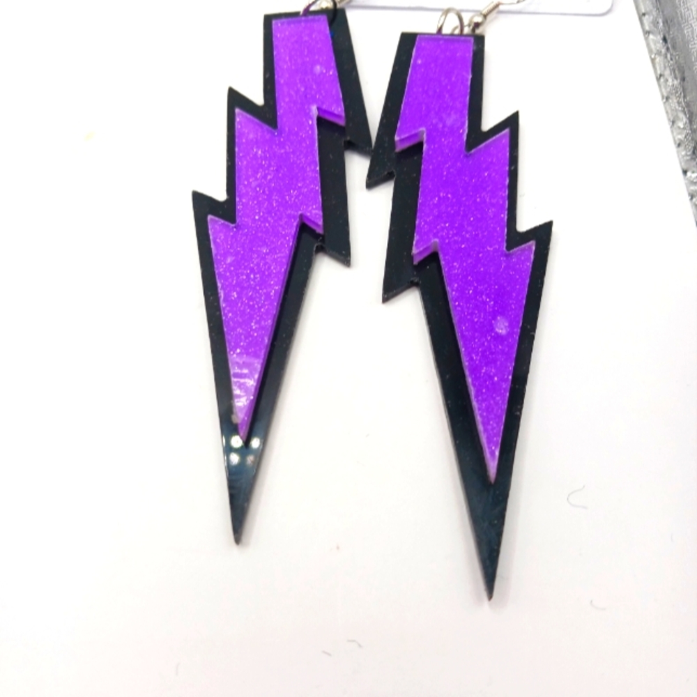 Lighting Bolt Purpke Glitter 80s Style Earrings New